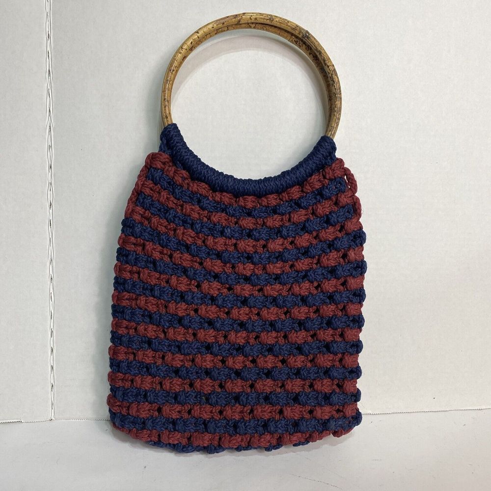 Vtg Pocketbook Handmade Boho Macrame Blue Burgundy  round‎ handles not lined